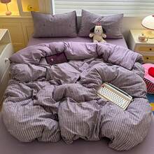 4 件套复古风格床上用品套装，紫色条纹和红色樱桃图案，涤纶双层纱布，（1 个羽绒被套 + 1 个床单 + 2 个枕套），枕套带有随机图案裁剪，适合秋冬季，卧室装饰，节日礼物