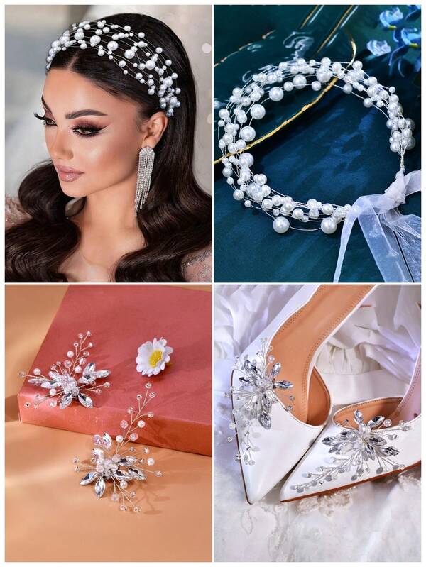 1 Set Handmade Pearl Beaded Headband, Shoe Clips, Bridal Hair Accessories, High Heels, Shoe Clips, Rhinestone Decor Wedding Photography Accessories