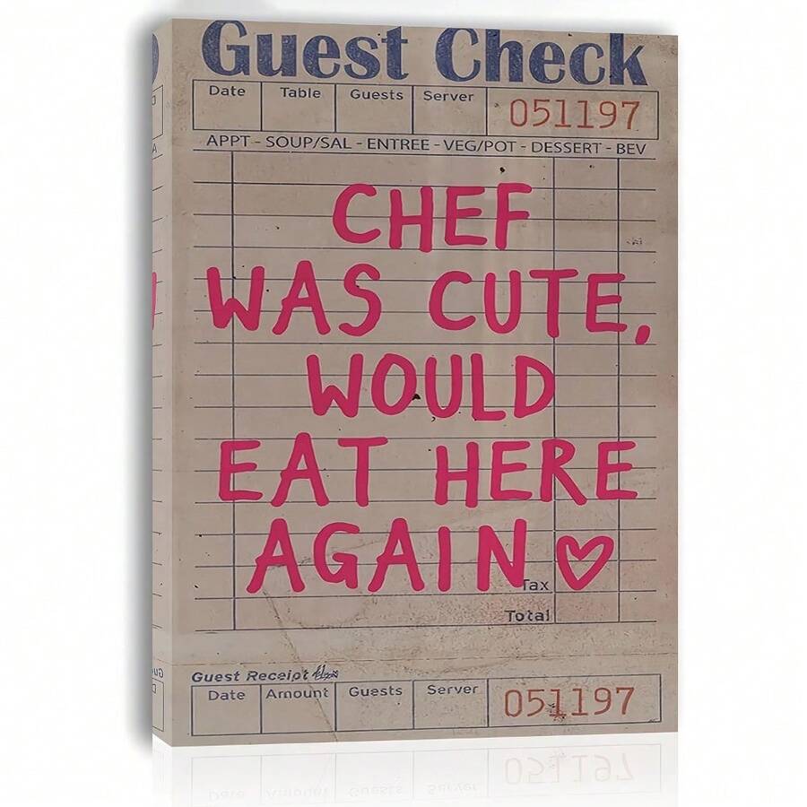 2D Flat, 1pc Funny Restaurant Checklist Canvas Wall Art "Chef Was Cute, Would Eat Here Again" Quote Poster With Pink Lettering - Vintage Dining Decor For Kitchen, Living Room, Bachelor Party Gift - Chef Gift Idea - Framed In Chic Wooden-Like Frame - 15.7x11.8 Inches (40x30cm), Chef Kitchen Decor, Kitchen Artwork, Humorous Quote Art, Rustic Design - 白色 - 查看 1