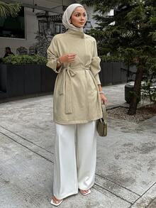 DAZY 女士休闲宽松工装风衣立领街头休闲系带风衣外套，秋季女装，简约时尚 - 卡其色 - 查看 5