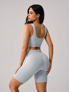 NcmRyu Women's Ribbed Crop Tank & High-Rise Biker Shorts Set - Stretchy Fabric Summer Activewear, Yoga Essential For Workout, Gym & Casual Wear - 銀色 - 查看 7