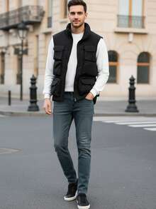 男士加厚保暖多口袋背心，秋冬季户外休闲无袖外套 - 黑色 - 查看 3