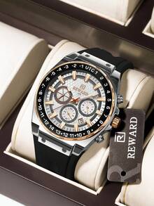 REWARD Men's Quartz Watch Business Fashion Style Timing Calendar Luminous Hands Multi-Functional Men Wristwatch High Quality Gift Classic Design Silicone Watch Band - Black - View 1
