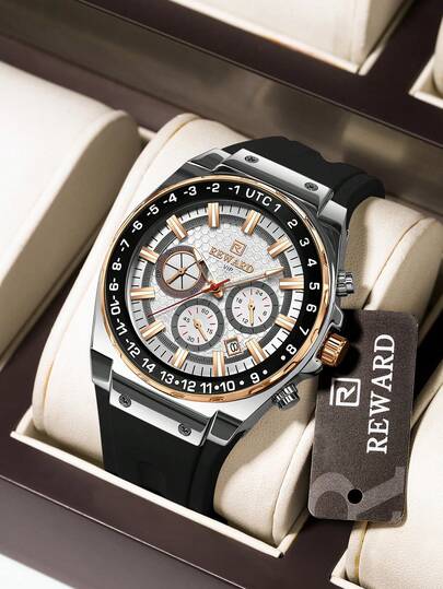  REWARD Men's Quartz Watch Business Fashion Style Timing Calendar Luminous Hands Multi-Functional Men Wristwatch High Quality Gift Classic Design Silicone Watch Band