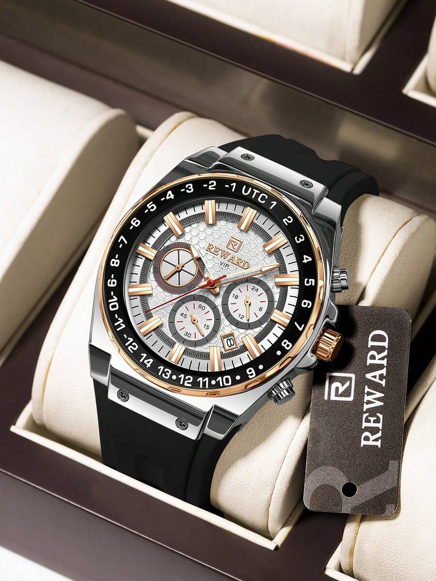 REWARD Men's Quartz Watch Business Fashion Style Timing Calendar Luminous Hands Multi-Functional Men Wristwatch High Quality Gift Classic Design Silicone Watch Band - Black - View 1