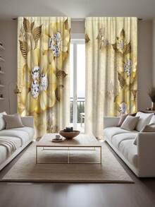 2pcs Elegant Yellow Floral High Definition Digital Print Curtains, Semi-Sheer Polyester Fabric With Rod Pocket Design - Suitable For Living Room, Bedroom, Kitchen, Cafe, Adding Style (Print Effect, No Valance) Single Layer Digital Print Curtain - Multicolor 1 - View 13