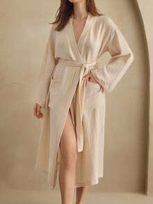 Anewsta 女士舒适柔软棉质网眼双层睡袍家居服睡衣 - 卡其色 - 查看 7