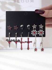 6 Pairs Gothic Style Rhinestone Bat, Skull, Star, Sunflower, Cross, Axe, Skull, Moon, Snowflake Earrings Set, Fashionable & Versatile - Multicolor - View 11