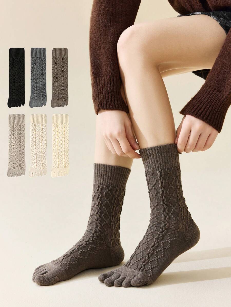 1/3/6 Pairs Women Solid Color Two-Toe Socks, Autumn/Winter Merino Wool Blend Mid-Calf Socks, Women Diamond Grid Toe Socks
