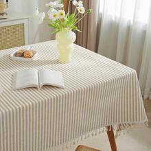 Meioro Table Cloth Beige Striped Tablecloth Tassels Cotton Blend Dust-Proof Table Cover For Dining Coffee Buffet Kitchen Picnic Tables, Parties Tablecloths(55 X 78 Inch, Beige) - 米色78x55矩形 - View 3