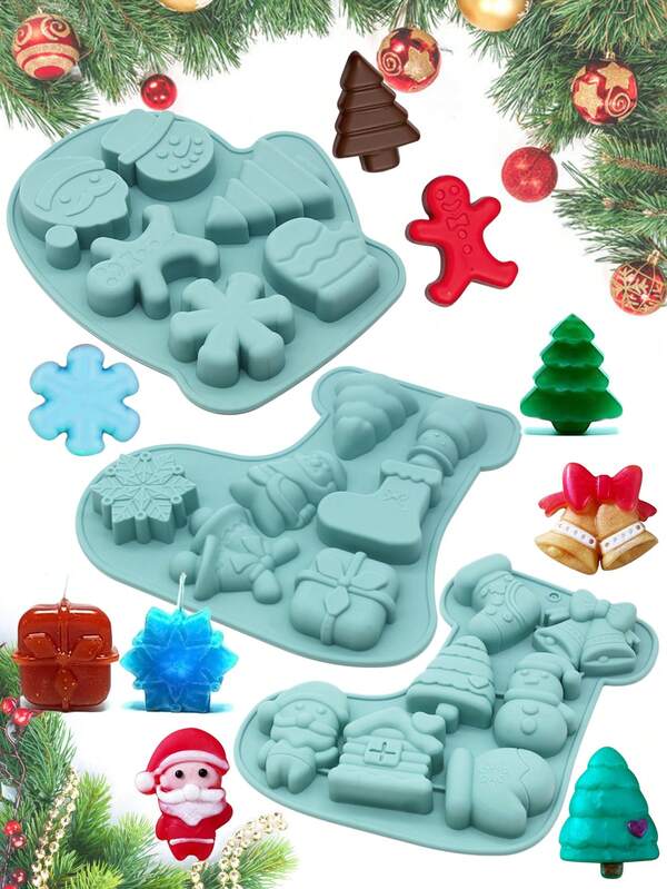 1 pieza Molde de silicona para galletas navideñas, herramienta de horneado y decoración de pasteles, resistente al calor, para chocolate, caramelos, gelatina, pudín, pastelería francesa, velas, jabón hecho a mano, molde de fragancias, regalo de Navidad, decoraciones navideñas, pijamas navideños, regalos de Navidad, decoración navideña en forma de árbol de Navidad, muñeco de nieve, Papá Noel, hombre de jengibre