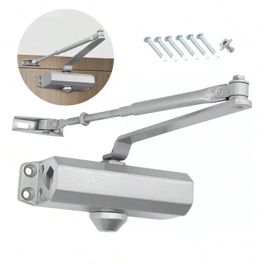 ¡Adiós a los golpes en las puertas! Cierrapuertas silencioso con resorte reforzado | Apto para puertas interiores de hasta 35 kg | Plantilla de instalación incluida - Plateado - Ver 1