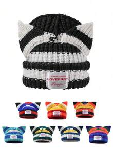 1pc Women's Knitted Hat, Cute Cat/Rabbit Ear Design, Warm Beanie Cap, Suitable For Autumn/Winter Everyday & Outdoor Use (Slight Variation In Stripe Placement) - Multicolor - View 3