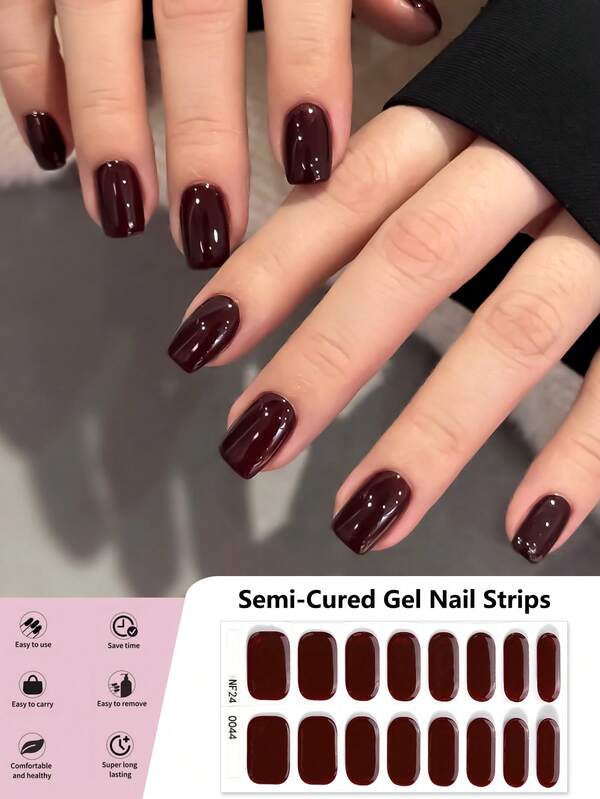 16 Tips Semi Cure Gel Nail Wraps, Fashion Elegant Whitening Rich Burgundy Crystal Nail Art Stickers, Self-Adhesive Full Wrap Nail Art Set, Need To Use With UV Lamp, Easy To Apply And Remove, Suitable For Women And Girls Daily Party DIY Nail Art Use