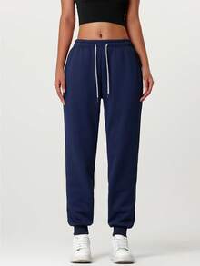 1pc Women's Thermal Lined Warm Sports Pants, Windproof & Thermal, Casual Joggers Trousers For Autumn/Winter - Navy Blue - View 2