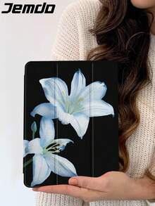 1 件纯色和蓝色花卉图案平板电脑保护壳，兼容 iPad 10.2、iPad Pro 2021/2020、iPad 第 9/10 代、iPad (A16) 11、第 11 代 2025、Galaxy Tab A8 10.5 英寸 2022、Matepad 10.4/Tab，防摔，带铅笔槽，支持睡眠/唤醒 - 彩色 - 查看 4