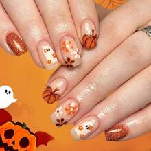 Halloween Press On Nails Short Square - Ghost Floral Pumpkin Glossy Fake Nails 24-Pack For Party Costume