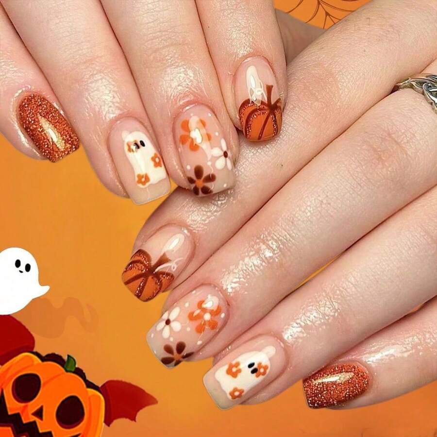 Halloween Press On Nails Short Square - Ghost Floral Pumpkin Glossy Fake Nails 24-Pack For Party Costume
