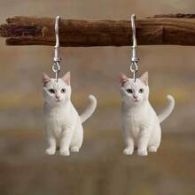 1 Pair Cute 2D Acrylic White Cat Cartoon Earrings, Suitable As Gift