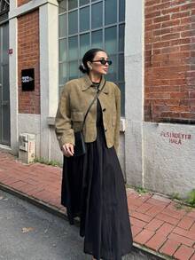 女士时尚百搭绒面革短款夹克，绒面革短款夹克圆领长袖短款夹克，纽扣式冬季超大号女式外套，时尚 - 駝色 - 查看 7