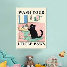 1 pieza Lava tus patitas con estampado de gato verde, lindo póster de baño, pósteres de lavado para niños en el cuarto de lavado, decoración de impresiones Kawaii, arte único de gatos, sin marco