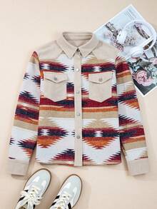 Acelitt Women's Western Style Geometric Print Patchwork Ribbed Collar Dual Flap Pocket Turndown Collar Shacket, Winter - Multicolor - View 4