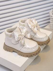 1 Pair Children's Fashion New Smooth PU Material Hook And Loop Design Convenient To Wear, Bow Decor, Non-Slip Soft Durable Outsole Chelsea Boots, Suitable For Girls To Wear To School, Outdoor, Home, Spring, Summer, Autumn - Beige - View 13