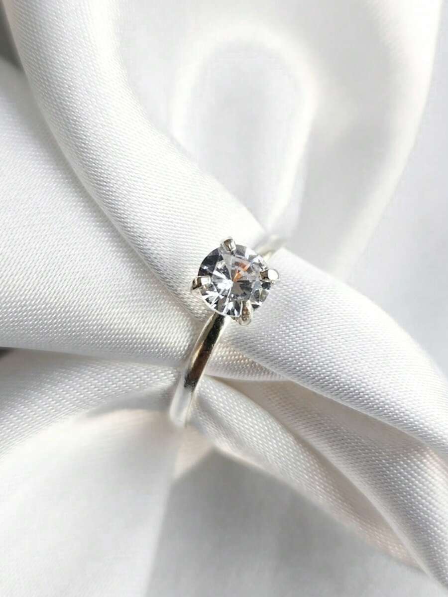 Anel Solitário Liso Prata 925 Legítima Pedra Zircônia Presente Namorados - Prata - Visão 1