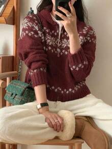 复古甜美雪花图案插肩袖双拉链针织开衫