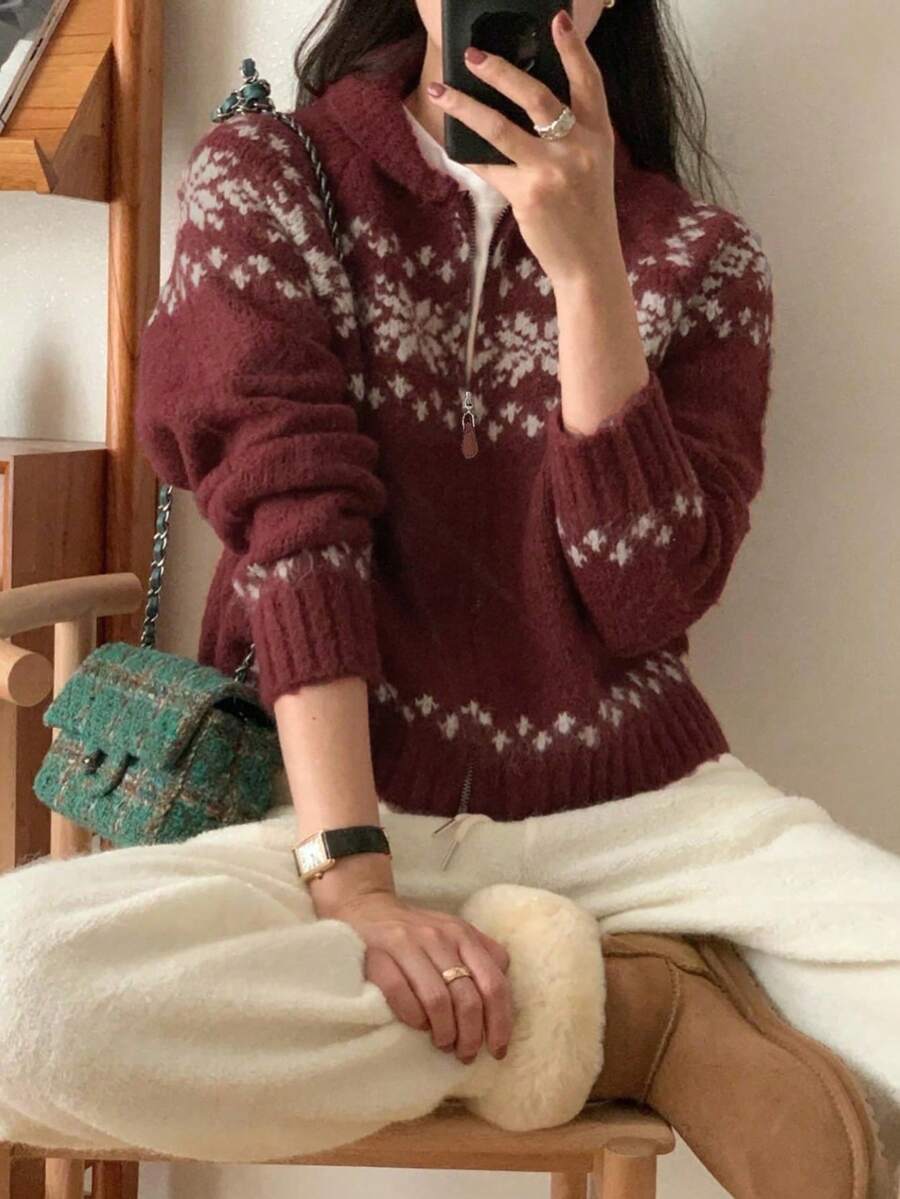 复古甜美雪花图案插肩袖双拉链针织开衫