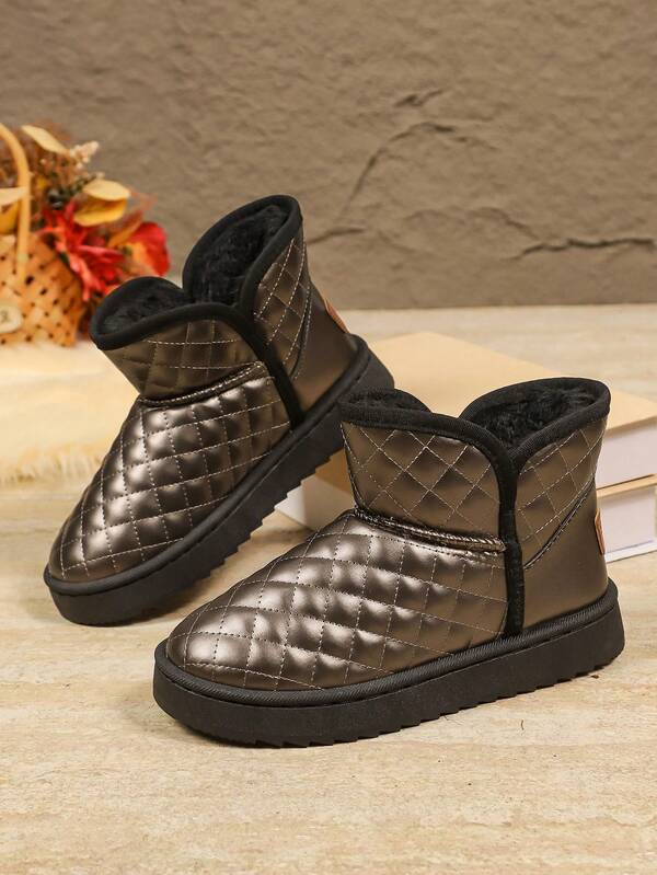 1 Pair Solid Metallic Color Casual Rhombus Pattern Leather Flat Boots, Versatile Warm Snow Boots/Ankle Boots For Women, Winter