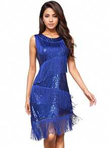 Latin Dance Performance Costume, Sequin Fringe Latin Competition Dress, Sleeveless Dance Outfit - متعدد الألوان - مشاهدة 12