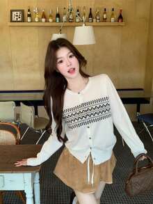 Áo khoác cardigan dệt kim Jacquard phong cách Hàn Quốc mới mùa thu, áo khoác nhẹ đa năng rộng rãi - Màu be - Xem 2
