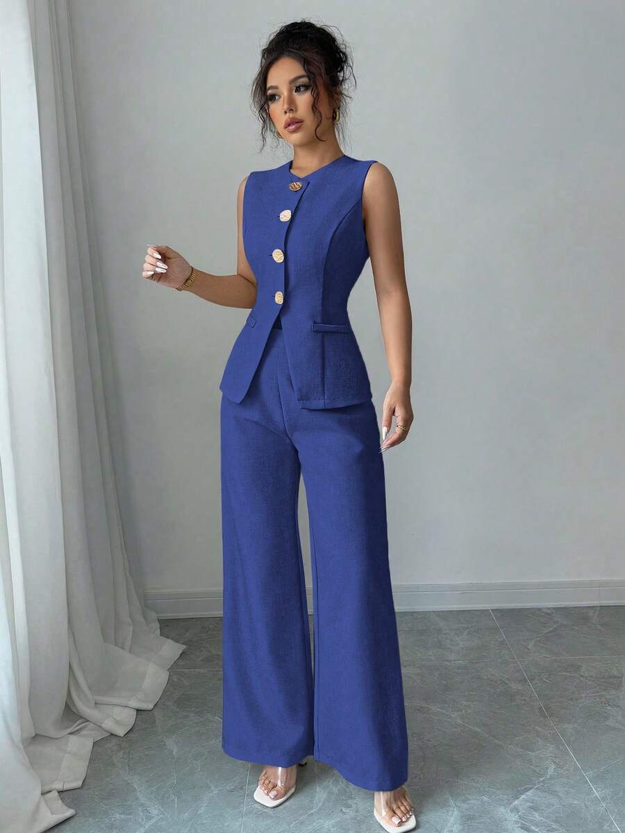 2 件套女士纯色单排扣金属纽扣圆领背心和裤子休闲宽松西装