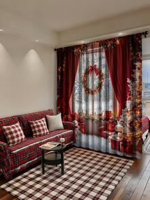 2 pièces Rideaux de tringle à rideaux avec motifs d'arbre de Noël multicolore et boule de Noël rouge, décoration de maison moderne et élégante, convient pour Noël et usage quotidien (poids du tissu 120g), décoration de pièce, décoration de Noël pour la maison