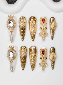 10片/套 手工杏仁形Y2K复古风美甲贴片，白色和金色金属点缀，心形、十字架、珠子设计，适合派对、婚礼、日常佩戴，包含工具包，是送给女性和女孩的绝佳礼物。手工美甲贴片 - 彩色 - 查看 1