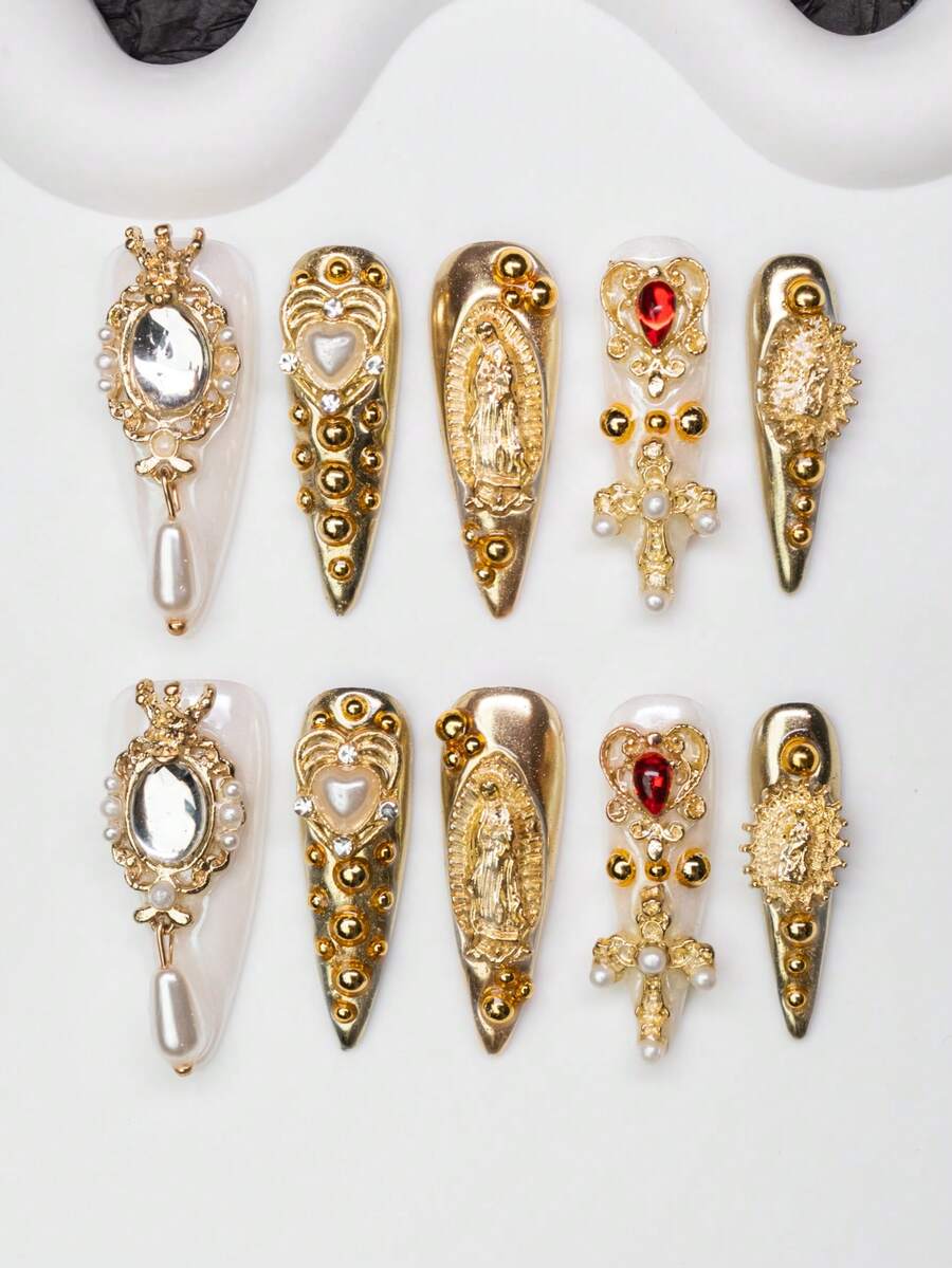 10片/套 手工杏仁形Y2K复古风美甲贴片，白色和金色金属点缀，心形、十字架、珠子设计，适合派对、婚礼、日常佩戴，包含工具包，是送给女性和女孩的绝佳礼物。手工美甲贴片 - 彩色 - 查看 1