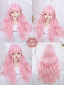 alicegarden 1 Synthetic Heat-Resistant Wig With Bangs, Pink Long Rolled Wig, 28 Feet Long, Made Of Fiber, Suitable For Daily Use, Natural Simulation Wig
