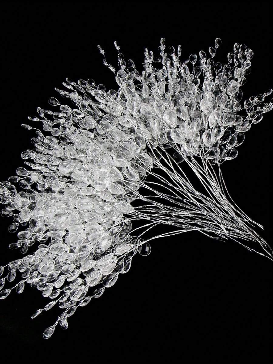 5/10/20/50件装人造花束，带亚克力珠吊坠水晶花茎枝条串珠新娘花束装饰，婚礼DIY工艺品装饰 - 白色 - 查看 1