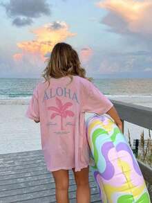 2026 Summer Shirts Women's New Palm Tree Slogan Print Casual Round Neck Short Sleeve T-Shirt, Fashionable Resort Style, Your Daily Essential Item. Gr - Pink 2 - 查看 8