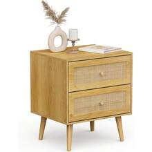 Bedside Table For Bedroom - Scandi Style Natural Rattan 2 Drawer Nightstand With Metal Handle And Tapered Legs - Boho Look Side Table For Living Room, Cane Bedside Cabinet For Bedroom Storage - 1 - View 1