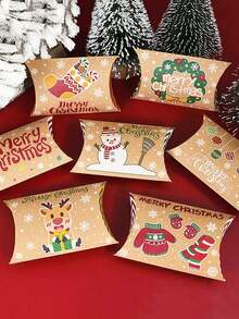 12/6/1pc Christmas Pillow Box Packaging Wedding Candy Paper Box, Christmas Pillow Gift Boxes With Santa, Snowman & Elk Prints For Candy, Small Presents, Holiday Party Favors, Stocking Stuffers, Table Decor, Secret Santa Exchange, Office Gift Wrapping, Winter Wedding, Birthday, And Home Decor