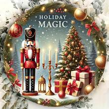 1pc Holiday Magic Round Metal Tin Sign, 3D Walnut Clip Mural, Foil Engraving Home Decoration, Multifunctional Holiday Wall Ornament, Iron, English Text, Wall Hanging, Diameter 12inch