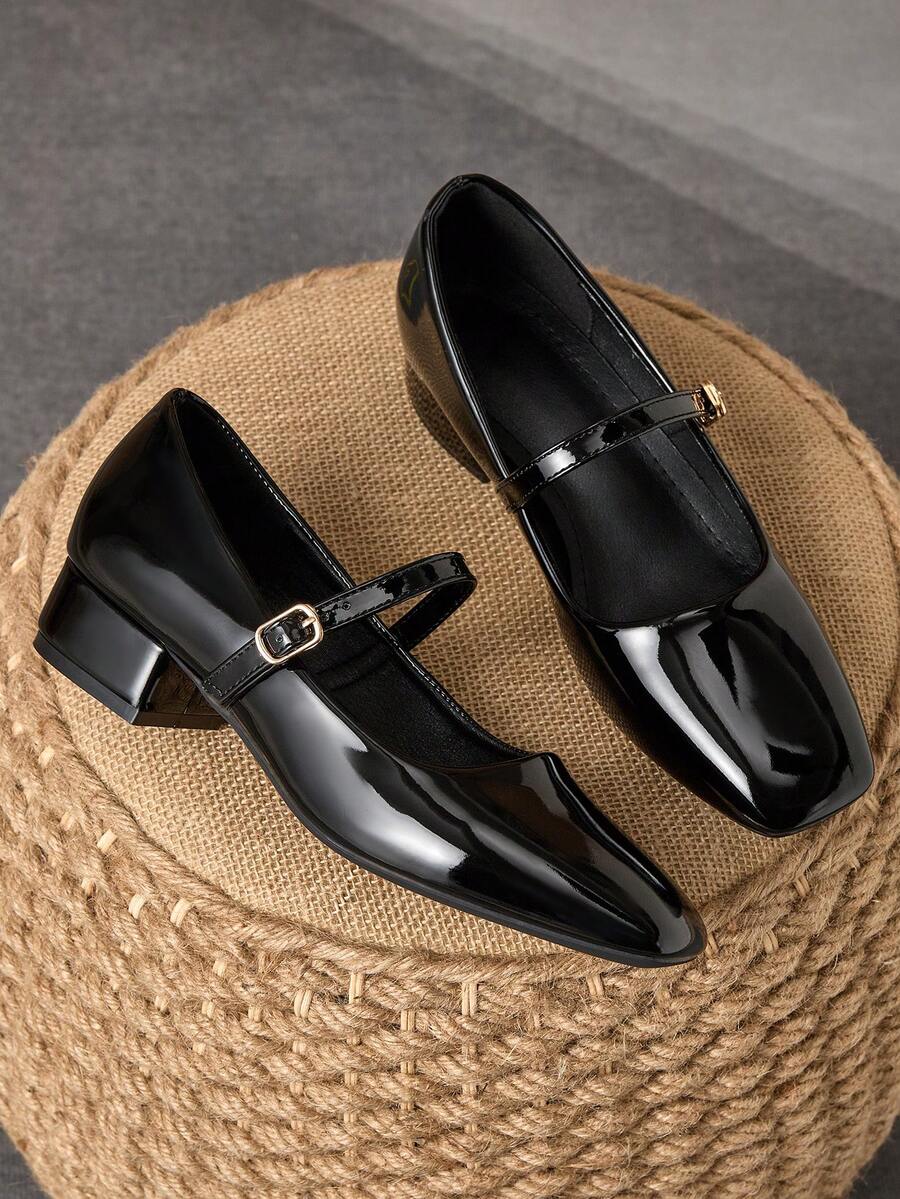 MonaNise 3cm Heel Mary Jane Coffee Color Square Toe Pumps, Suitable For Work, Commute, Dinner Party, Vintage Black, Fashionable Casual Khaki Flats - 黑色 - 查看 1