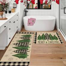 1/2pcs Christmas Floor Mat, Luxurious Green, Black And White Checked Christmas Tree Pattern Kitchen Floor Mat, Perfect For Indoor/Outdoor Use, Family Gatherings, Kitchen, Dining Room, Christmas Atmosphere Decoration, Home Decoration