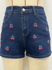 Pantalones cortos vaqueros de mujer con estampado de cerezas. - azul real - Ver 7