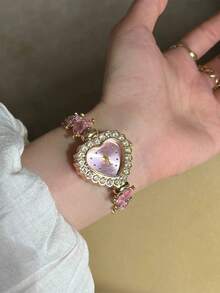 1 件可爱糖果色水钻装饰心形表盘可调节钢带石英表，适合青少年和学生，非常适合生日、感恩节、万圣节礼物 - 彩色 - 查看 5