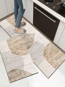 1 件米色几何线条拼布图案，简约时尚风格，约 3 毫米厚吸水厨房垫/地毯套装，可水洗，适用于厨房、浴室、入口、洗衣房、书房、客厅、卧室、走廊 - 彩色 - 查看 2