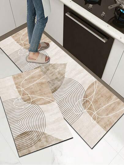 1 peça de tapete/carpete de cozinha com padrão geométrico bege, estilo minimalista e moderno, com aproximadamente 3 mm de espessura, lavável, adequado para cozinha, banheiro, entrada, lavanderia, escritório, sala de estar, quarto, corredor