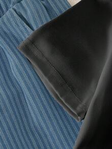 2pcs Young BoyCasual Patchwork Round Neck Top + Striped Long Pants Set - Black - View 5